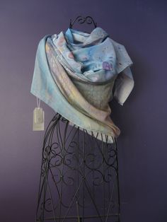 This scarf is a subdued blend of baby blues with a touch of cream and white. This design is a custom print from my original painting Inception I loved you from day one. FABRIC and STYLING:  85% Modal 15% Silk - A luxurious blend of natural fabrics which is light enough to wear as a summer shawl and cozy enough to wrap around your neck in the winter. My scarves are the perfect weight and length to wear in many different styles and can also be worn as a head wrap.  This fabric blend is extremely s Unique Shawl, Scarf Packaging, Summer Shawl, Artist Fashion, Fabric Scarf, Art Scarves, Flower Scarf, Fashion Scarf, Baby Blues