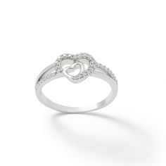 This cubic zirconia accented double heart-shaped split shank ring is set in sterling silver. This ring is available in select sizes only. Sterling silver rings cannot be resized after purchase. Double Heart Promise Ring In Fine Jewelry Style, Cubic Zirconia Rings With Diamond Accents For Valentine's Day, Promise Heart Ring In Cubic Zirconia Fine Jewelry, Cubic Zirconia Heart Ring With Brilliant Cut For Promise, Promise Heart Ring With Diamond Accents In Cubic Zirconia, Sterling Silver Double Heart Ring For Anniversary, Classic Double Heart Rings For Anniversary, Classic Double Heart Anniversary Rings, Sterling Silver Double Heart Ring