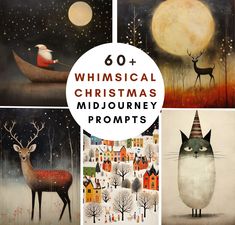 four different paintings with the words'60 whimsical christmas mid - journey projects '