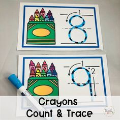 two cards with the words crayos, count and trace in front of them