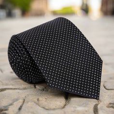 A Black Small Geometric Diamond With Small Dots Pattern Silk Necktie Black Neckwear With Ties For Business, Elegant Black Neckwear With Inside Ties, Black Ties Neckwear For Black-tie Events, Black Neckwear With Ties For Black-tie Events, Classic Black Neckwear For Party, Classic Black Party Neckwear, Black Standard Tie For Party, Black Tie For Party, Black Neckwear With Ties For Parties