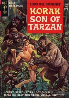 the cover to korak son of tarzann, with gorillas attacking a man