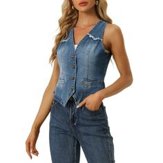 This vest features a classic denim design that is both timeless and fashionable, making it perfect for any casual occasion. This sleeveless design allows for easy layering, making it perfect for pairing with your favorite t-shirts or blouses. This Sleeveless Denim Vest delivers a classic and edgy look that never goes out of style. Whether you're looking for a casual or chic outfit, this vest is perfect for creating a unique and_ trendy look that is all your own. Measurement (in inches) Internati Sleeveless Denim Vest, Long Sleeve Jean Jacket, Womens Denim Vest, Long Denim Jacket, Casual Denim Jacket, Distressed Jean Jacket, Jean Jacket Women, Distressed Denim Jacket, Chic Outfit