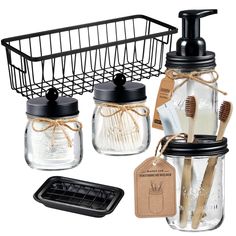 mason jar with toothbrushes and soap dispenser