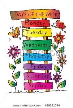 days of the week with colorful flowers and butterflies on white background, hand drawn illustration