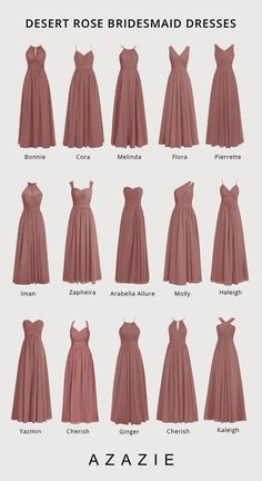 the different types of bridesmaid dresses on display in an ad for azazie