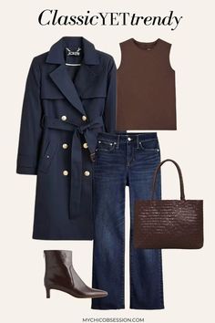 Fall Outfits Navy Blue, Navy Burberry Trench, Blue Trench Coat Outfit Women, Navy Blue Autumn Outfit, Navy Trench Outfit, Brown Navy Outfit, Chocolate Bag Outfit, Chocolate Brown Trench Coat Outfit, Fall 2024 Capsule