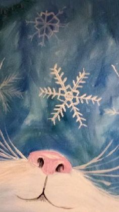 a painting of a cat's face with snowflakes on it