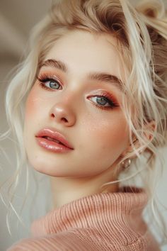 Spring Makeup Blue Eyes, Bright Eyes Makeup Natural, Blue Eyes Fair Skin Makeup, Strong Makeup Look, Innocent Seductive Makeup, Natural Glow Makeup Look, Bar Makeup Looks, Blue Eyes Blonde Hair Makeup, Makeup Looks For Pale Skin