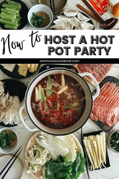 an overhead view of hot pot party with meats and veggies on the side