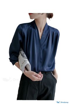 Orcajump - Silk Satin White V-Neck Long Sleeve Blouse with Design Flair Versatile V-neck Blouse For Office, Solid Color V-neck Office Tops, Versatile V-neck Office Tops, V-neck Tops For Office Wear, Blue V-neck Blouse For Office Wear, Blue V-neck Office Blouse, Ivory Silk, White Silk, V Neck Blouse