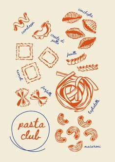 an image of different food items drawn in red and blue on white paper with the words pasta