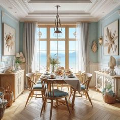 a dining room with blue walls and wooden flooring, along with an ocean view