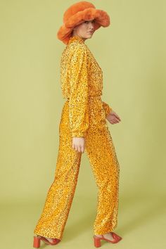 Velvety embellished trousers featuring sequin embroidery, a high elasticated waist, silk lining and pockets.  77% Polyester 23% Elastane 100% Viscose Sequin Trousers, Season Outfits, Cropped Biker Jacket, Dopamine Dressing, Orange Velvet, Sequin Embroidery, Stoke On Trent, Ribbed Texture, Sequins Embroidery