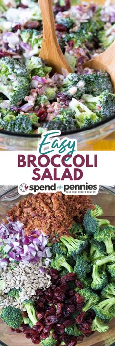 broccoli salad in a glass bowl with wooden spoon