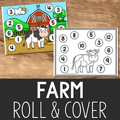 the farm roll and cover game is shown on a wooden table with an image of a cow