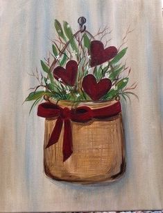 a painting of a potted plant with red hearts on it's side and ribbon tied around the top