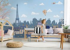 "This wallpaper of the roofs of Paris in blue tones, is ideal for nursery room. It is very cozy and the little ones of the house will be able to let their imagination fly SIZES:  86.6\" high x 118.11\" wide     /  220cm high x 300cm wide 102.3\" high x 137.8\" wide    /   260cm high x 350cm wide 110.2\"  high x 157.5\" wide    /   280cm high x 400cm wide This mural can be customized the size. Send us the measurements of your wall and we will adapt it for you. Any questions contact us, we are her Paris Nursery, Children Wallpaper, Fairytale Nursery, Animal Mural, Nursery Mural, Paris Wallpaper, White Nursery, Pink Nursery, Nursery Wallpaper