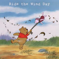 a winnie the pooh cartoon flying through the air with a kite in it's hand