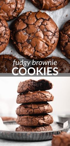 chocolate cookies stacked on top of each other with the words fuddy brownie cookies above them