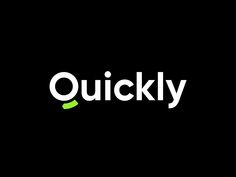 the logo for quickly is shown in white and green on a dark black background