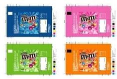 six packets of m & m's are shown in four different colors and sizes