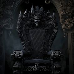 an ornate chair with a skull on it in front of a gothic - themed arch