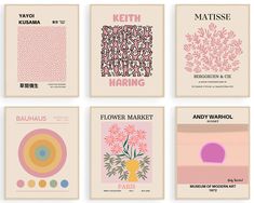 six posters with different types of flowers and plants on them, all in pastel colors