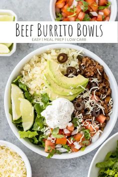 two bowls filled with beef burrito bowls and vegetables