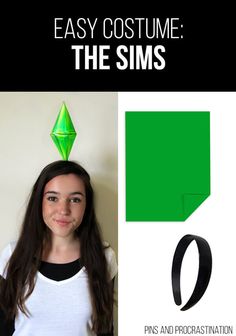 a girl with long hair wearing a green origami headpiece and text that reads easy costume the sims