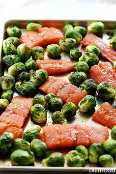 a sheet pan filled with brussel sprouts and salmon