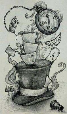 a drawing of a hat with clocks and other things around it on top of it