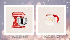 two pictures of santa claus and a red kitchen aid mixer on a purple background with snowflakes