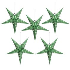 six green origami stars hanging from strings with white dots on the top and bottom