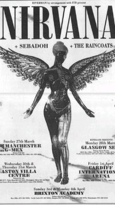 an advertisement for nirvana and the raincoats featuring a woman with wings on her back