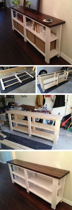 several different pictures of a bench made out of pallet wood and some other things