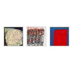 three paintings with different colors and shapes on them, one is red, the other is blue