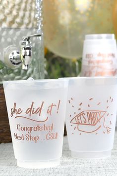 Reusable frosted plastic glassware personalized with graduation party design and two lines of custom text Hawaiian Graduation, Marker Lettering, Cup Favors, Graduation Souvenirs, Graduation Cups, Frosted Cups, Outdoor Graduation Parties