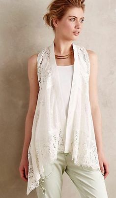 Item Description: Anthropologie Draped Lace Vest by Meadow Rue New Without Tags Cotton-rayon lace Open front Hand wash Imported Style No. 4112346824882 Size: XS/S  29.75"L  A line and/or dot have been drawn on inside label to prevent returns to retail stores.   Check out my other listings for more Free People, Urban Outfitters and Anthropologie items! White Cotton Lace Top, Olive Vest, Cotton Lace Tops, Open Front Vest, Anthropologie Style, Meadow Rue, Lace Vest, Anthropologie Jacket, Wool Vest