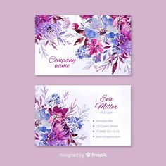 two business cards with watercolor flowers on the front and back, one is purple