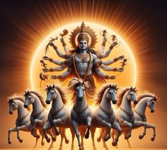 there are seven white horses in front of the sun