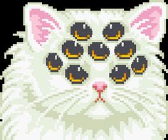 a white cat with black spots on it's face is shown in pixel art