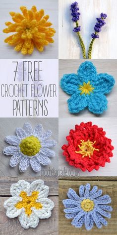 crochet flower patterns with text that reads 7 free crochet flower patterns