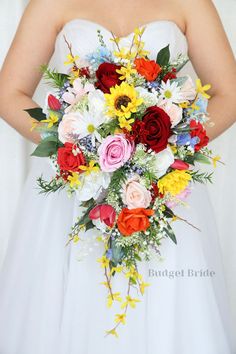 a bridal holding a colorful bouquet of flowers