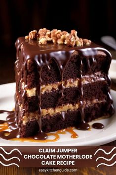 a piece of cake with chocolate icing and walnuts on top is sitting on a plate