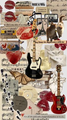 a collage of different types of musical instruments and music sheets with words written on them