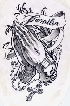 a drawing of a hand holding a cross with the word family on it and an ornate ribbon