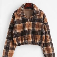 It’s A Cute Warm Quarter Zip, Never Worn, Good Quality, And It’s Slightly Cropped And Plaid And Is Made Of Faux Fur. Price Is Negotiable Fur Sweatshirt, Sweatshirt Women, Cool Sweaters, Women's Plaid Shirt, Knit Sweater, Trendy Fashion, Hooded Sweatshirts, Harajuku