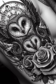 an owl and roses tattoo on the back