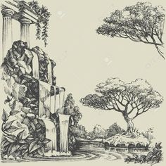 an ink drawing of a waterfall and trees in the park stock photo - 78798